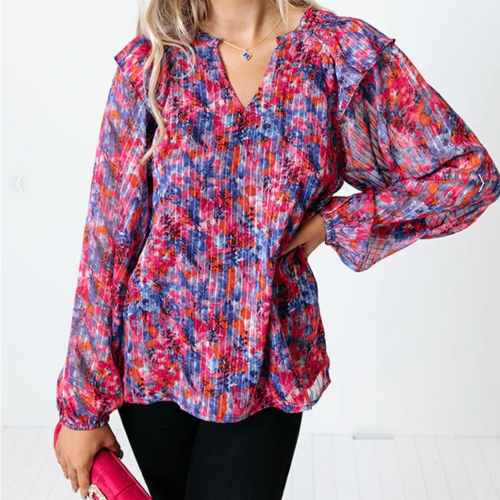 2X Blouse Haven Shift V Neck Ruffle Long Sleeve Top
